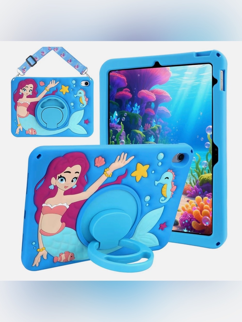 Kids Blue Mermaid Silicone Tablet Case with Ring Stand